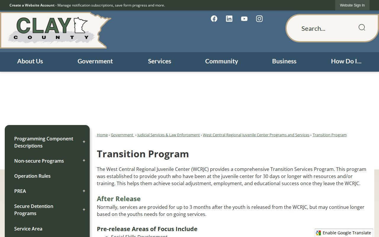 West Central Regional Juvenile Center post-release transition services